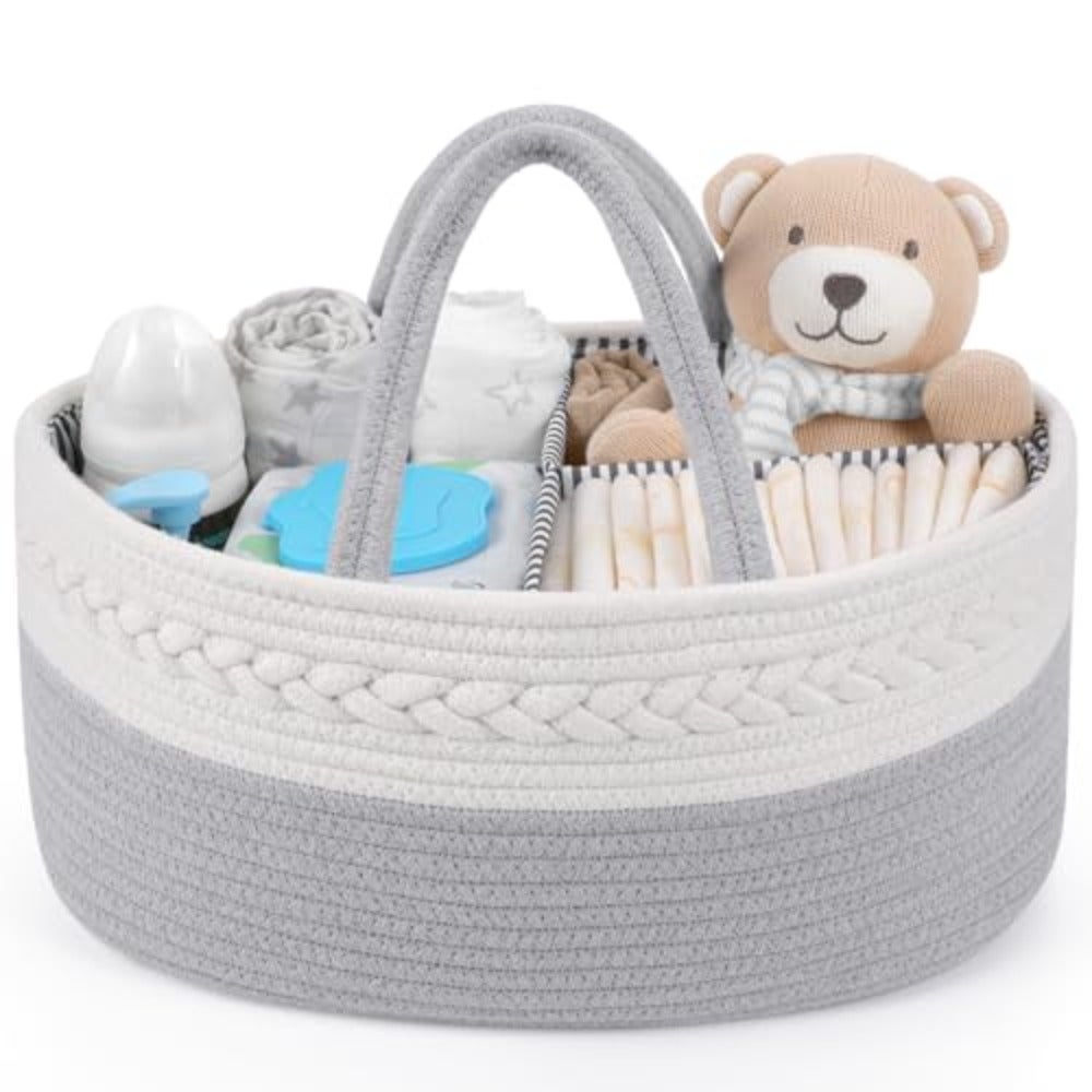 Baby Nappy Caddy Organiser, Changing Table Organiser, Storage Basket with Removable Compartments, Robust Portable Cotton Rope Nappy Bag, Nappy Organiser as, Grey
