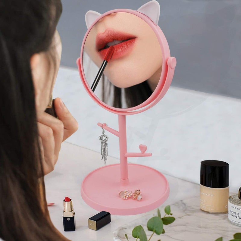 RoarCraft Desk Mirror in Cute Cat Ears ShapeKawaii Vanity Mirror for You in Bathroom or Bedroom Pink - Image 2