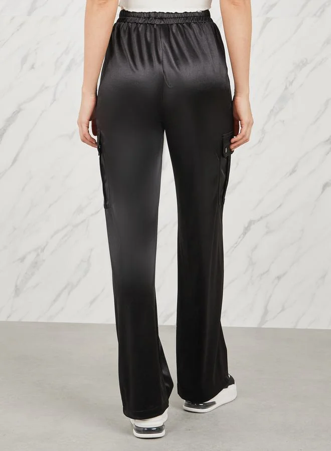 Styli Satin Button Detail Cargo Wide Leg Pant