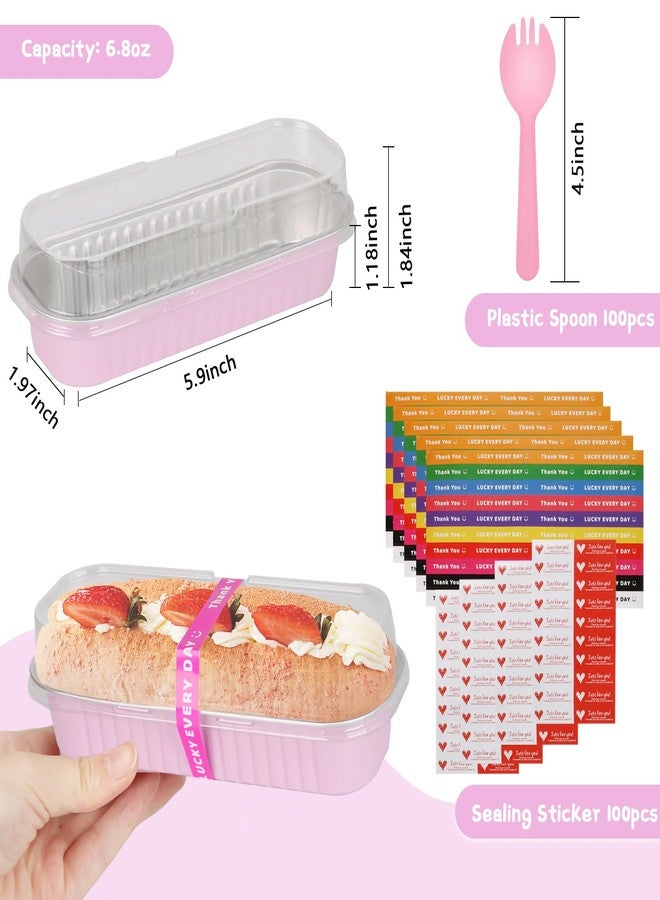 Yimerlen 100 Pack Mini Loaf Pans Mini Cake Pans with Lids and Spoons Sealing Sticker, 6.8oz Rectangle Aluminum Foil Baking Pans Disposable Loaf Cake Pan for Baking (Pink) - Image 2