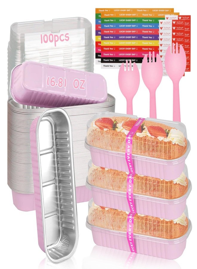 Yimerlen 100 Pack Mini Loaf Pans Mini Cake Pans with Lids and Spoons Sealing Sticker, 6.8oz Rectangle Aluminum Foil Baking Pans Disposable Loaf Cake Pan for Baking (Pink) - Image 1