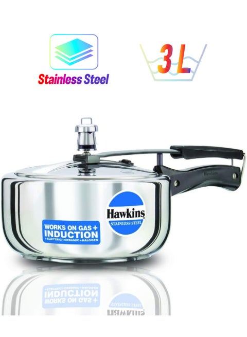3.0Liters Wide Stainless Steel Pressure Cooker With Inner Lid, 5.8mm Extra-Thick Tri-Ply Base, Induction compatible(HSS3W), Silver Silver