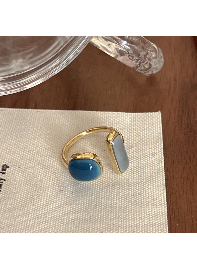 Korean Style S925 Silver Plated Distinctive Square Ring Women's Retro Fashion Geometric V-shaped Open Ring Hip-hop Finger Ring