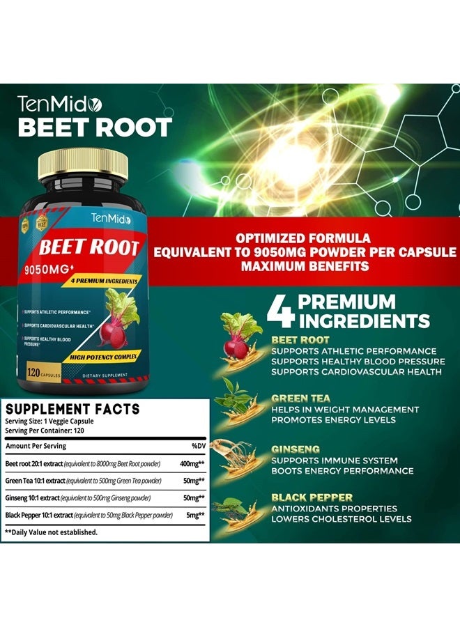 Tenmido Beet Root Extract Capsules Equivalent to 9050mg, 4 Months Supply & Green Tea, Ginseng, Black Pepper | Increased Energy, Athletic Performance Supports, Boosts Stamina | Nutritional Workout Supplements - Image 2