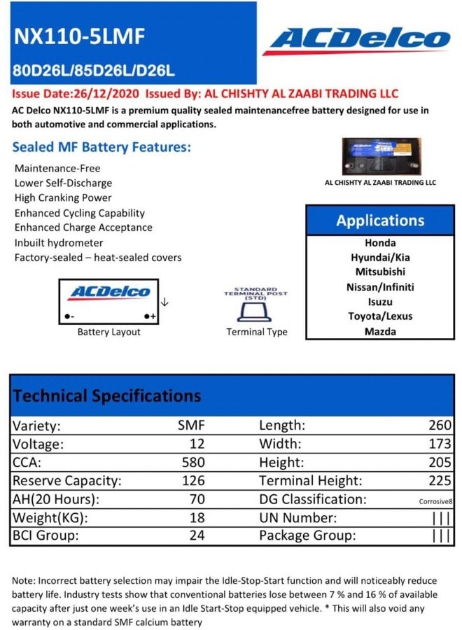 Ac Delco AC Delco Car Battery 80D26L / NX110-5L 12V 70AH - Image 5