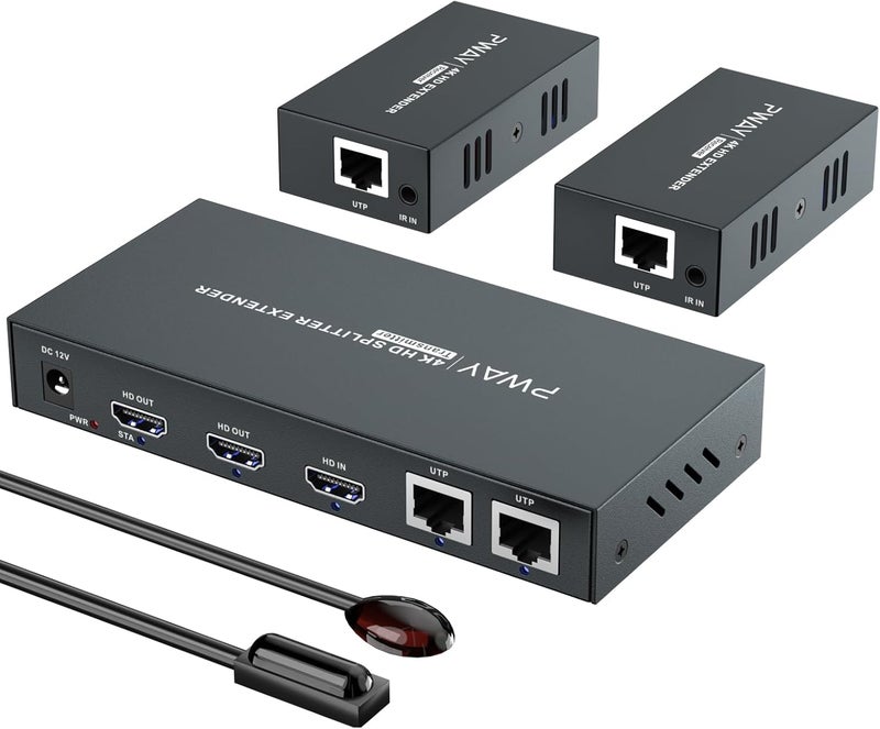 PWAYTEK HDMI Extender Splitter1x2 HD 4K @60Hz up to 60m(196ft)-Loop Out-Over CAT5/CAT6/CAT7 Cable HDMI Transmitter and Receiver with IR Power Switch and EDID - Image 1