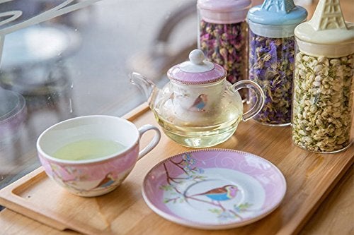 Jusalpha Glass Teapot with a Fine China Infuser Strainer, Cup and Saucer Set,Teapot and Teacup for One, Tea for one #05 (Pink) - Image 2