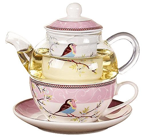 Jusalpha Glass Teapot with a Fine China Infuser Strainer, Cup and Saucer Set,Teapot and Teacup for One, Tea for one #05 (Pink) - Image 1