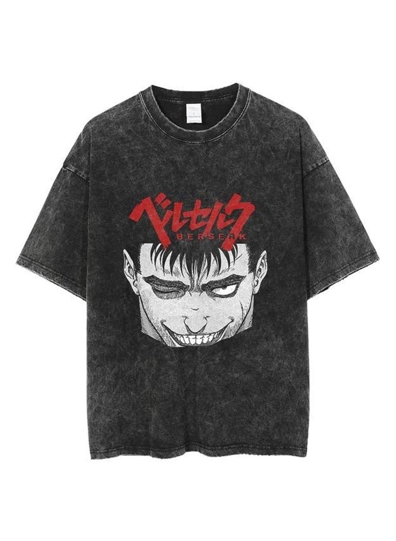 Men's new washed old dark anime print street retro t-shirt street trendy round neck short-sleeved t-shirt - Image 1