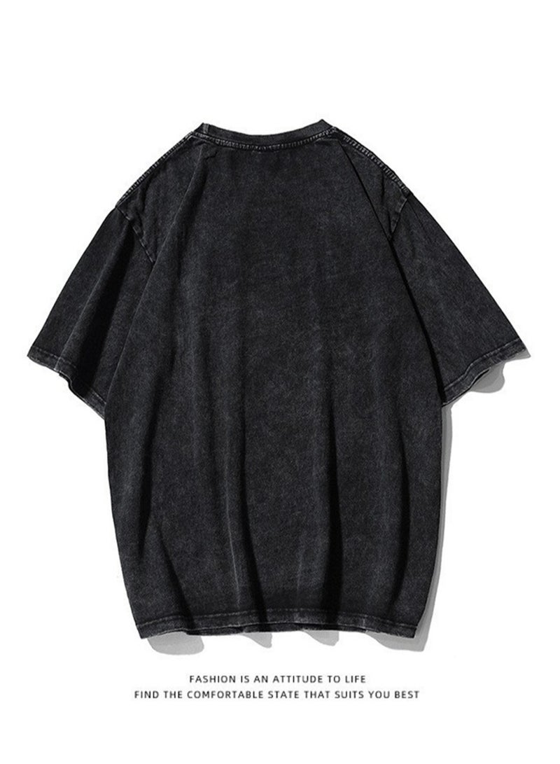 Men's new washed old dark anime print street retro t-shirt street trendy round neck short-sleeved t-shirt - Image 3