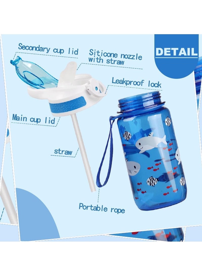 السيد باندا زجاجة مياه للاطفال سعة 600 مل، مانعة للتسرب ومضادة للكسر وخالية من البيسفينول ايه مع ماصة، زجاجة محمولة ومتينة للمدرسة والسفر للاولاد والبنات، مناسبة للاطفال (القرش الأزرق) - Image 3