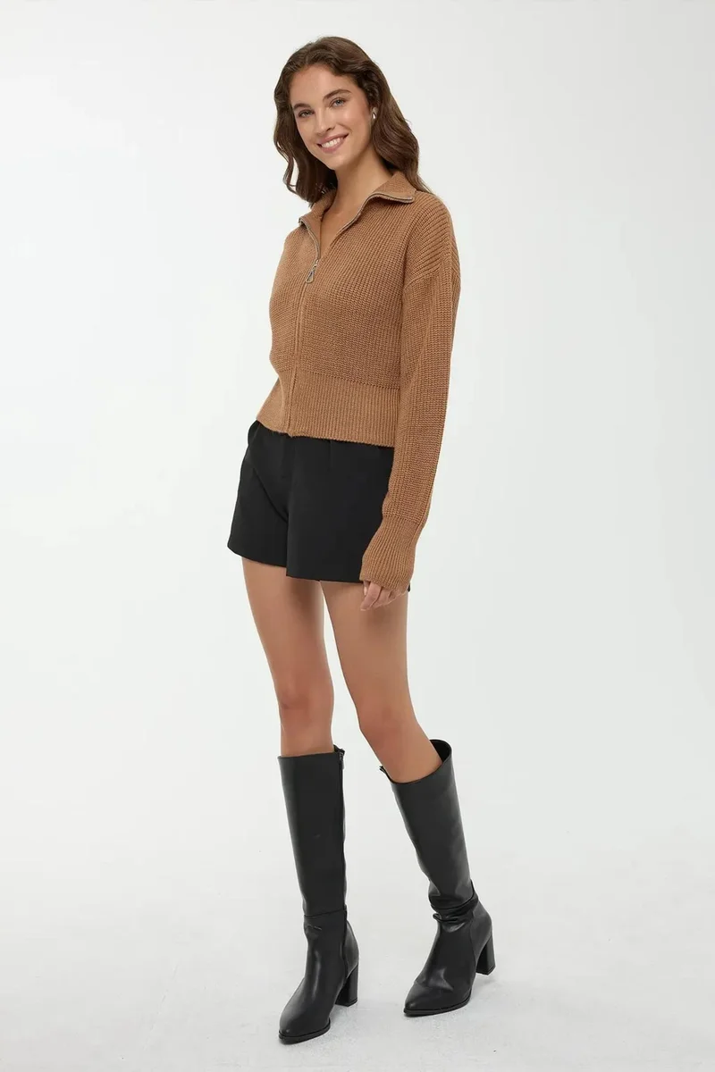 Hiccup Chestnut Brown Zippered Cardigan for Women | Best Price UAE