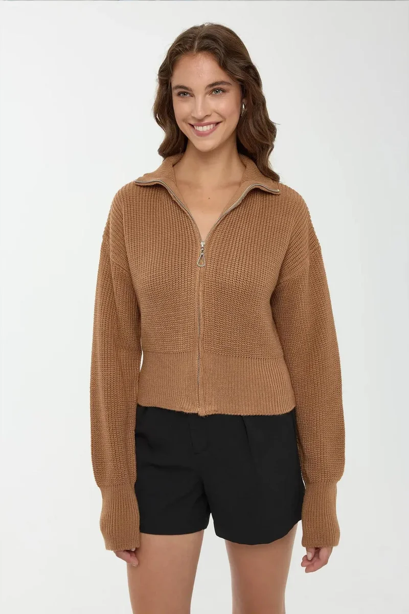 Hiccup Chestnut Brown Zippered Cardigan for Women | Best Price UAE