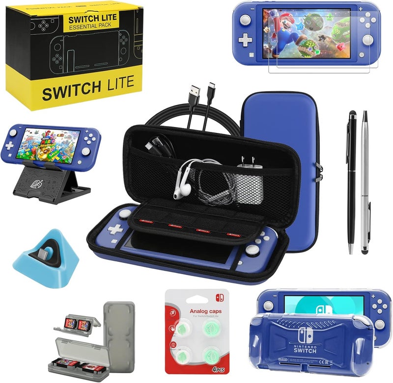 حزمة ملحقات Switch Lite، مجموعة مع حقيبة حمل، غطاء حافظة TPU مع واقي شاشة، قاعدة شحن، حامل لعب، حقيبة بطاقات الألعاب، كابل USB، قلم، أغطية مقابض الإبهام لـ Nintendo Switch Lite (أزرق) - Image 1