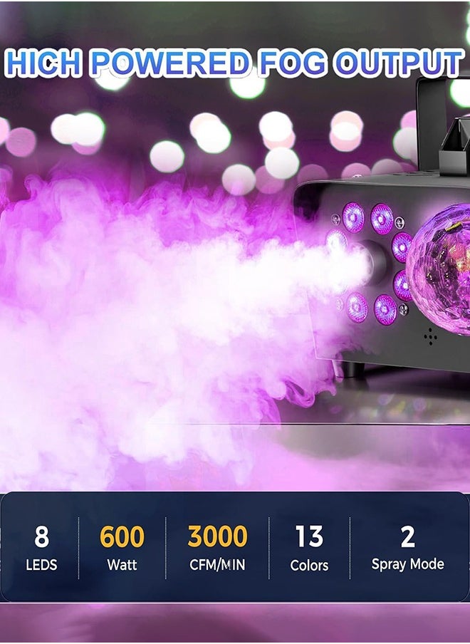 Smoke Machine, Fog Machine with Disco Ball Lights, 600W and 3000CFM with 13 Colorful LED Lights Effect, Wireless Remote Control, Perfect for Parties, Wedding, Halloween, and DJ Stage, Indoor