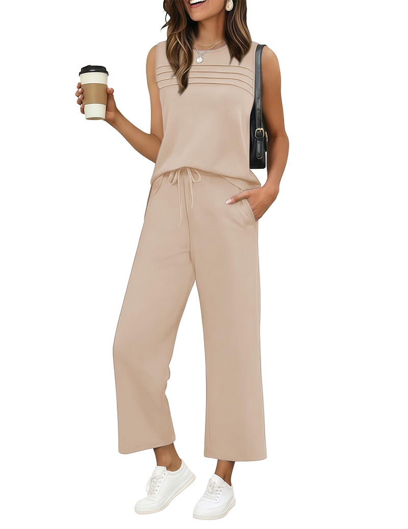 Ekouaer Womens 2 Piece Lounge Set Matching Travel Outfits 2026 Loose Sleeveless Sleeve Top Wide Leg Pants Pockets Champagne Large - Image 1