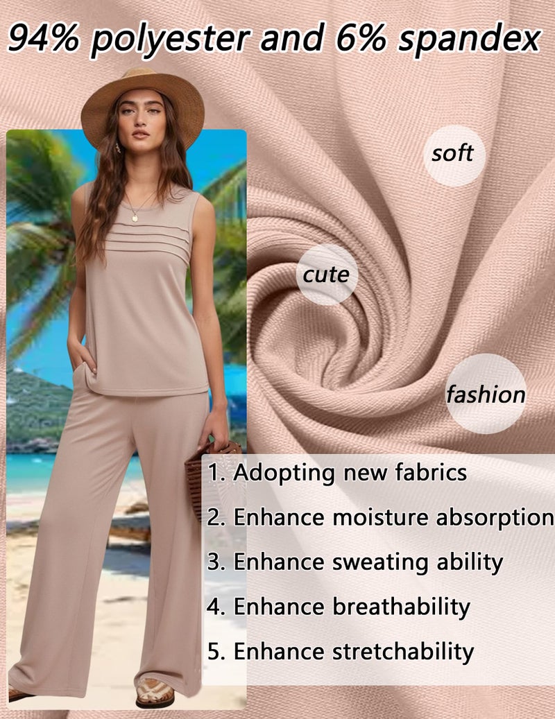 Ekouaer Womens 2 Piece Lounge Set Matching Travel Outfits 2026 Loose Sleeveless Sleeve Top Wide Leg Pants Pockets Champagne Large - Image 5