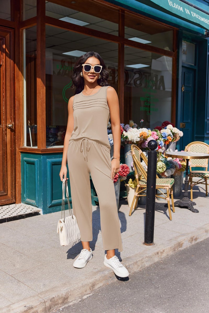 Ekouaer Womens 2 Piece Lounge Set Matching Travel Outfits 2026 Loose Sleeveless Sleeve Top Wide Leg Pants Pockets Champagne Large - Image 3
