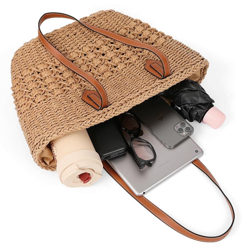 Pocadri Women's Straw Shoulder Bag Large Rattan Woven Totes Summer Travel Beach Handbag Handmade Top Handle Purse - Image 4