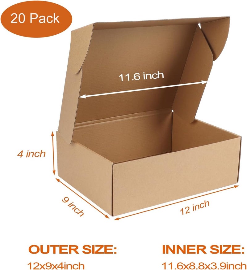 PHAREGE 12x9x4 inch Shipping Boxes 20 Pack, Brown Cardboard Gift Boxes with Lids for Wrapping Giving Women Men Presents, Corrugated Mailer Boxes for Packaging Mailing Small Business - Image 2