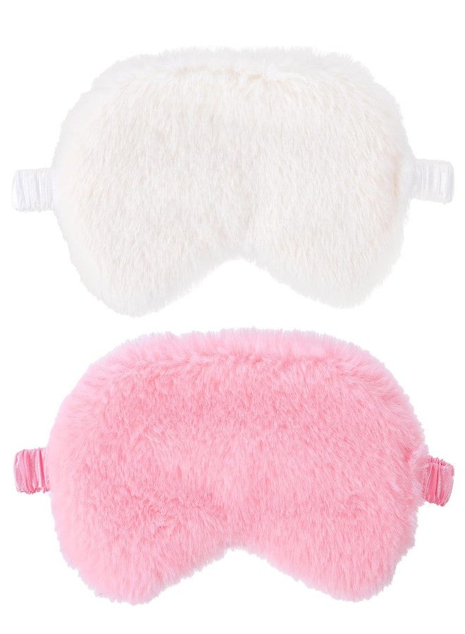 cobee 2 Pcs Plush Eye Mask, Soft Sleeping Blindfold Eyes Cover Comfortable Sleep Mask Plush Blindfold Satin Back PlushSleep Masks Night Eyeshade Cover for Home Travel Office(Pink, White - Image 1