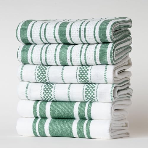 Casa De Lan Kitchen Towels Set – Pack of 6 (20’’ x 30’’) Extra Large Premium Cotton Dish Towels for Kitchen – Absorbent – 100% Cotton – with Hanging Loop – Green Multi Design Striped - Image 1