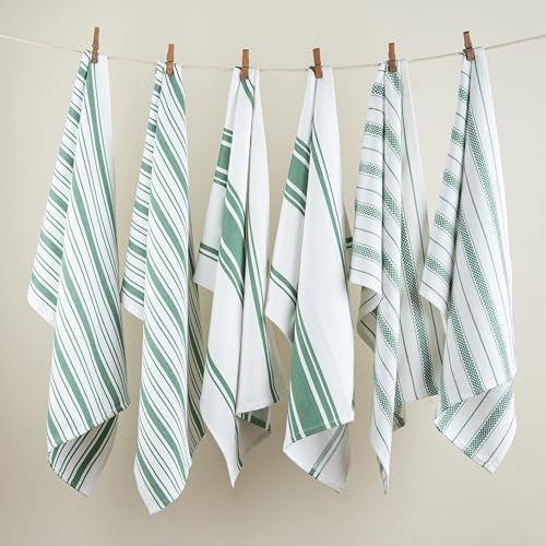 Casa De Lan Kitchen Towels Set – Pack of 6 (20’’ x 30’’) Extra Large Premium Cotton Dish Towels for Kitchen – Absorbent – 100% Cotton – with Hanging Loop – Green Multi Design Striped - Image 2