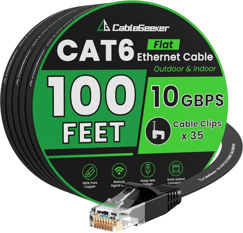 CableGeeker Cat 6 Ethernet Cable 100 ft, Indoor&Outdoor, High Speed 10Gbps Flat Internet Network Cable, Cat6 Ethernet Patch Cable Long, Computer LAN Cable with Free Clips & Straps for Router, Modem, PS4/5, Black - Image 1