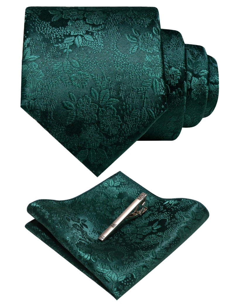 JEMYGINS Silk Emerald Green Floral Tie Necktie and Pocket Square, Hankerchief and Tie Bar Clip Sets for Men(31) - Image 1