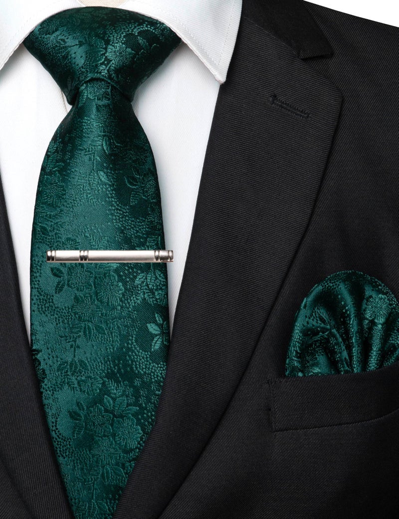 JEMYGINS Silk Emerald Green Floral Tie Necktie and Pocket Square, Hankerchief and Tie Bar Clip Sets for Men(31) - Image 2