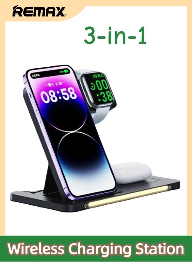 ريماكس محطة شحن لاسلكية 3 في 1 قابلة للطي، بزاوية قابلة للتعديل، لشحن الهواتف المحمولة لاسلكيًا، وشحن ساعات أبل لاسلكيًا، وشحن سماعات الأذن لاسلكيًا، تدعم أجهزة iPhone 17/16/15/14/13/12/Pro/ProMax/Plus/Air/AirPods/iWatch، إلخ، باللون الأسود. - Image 1