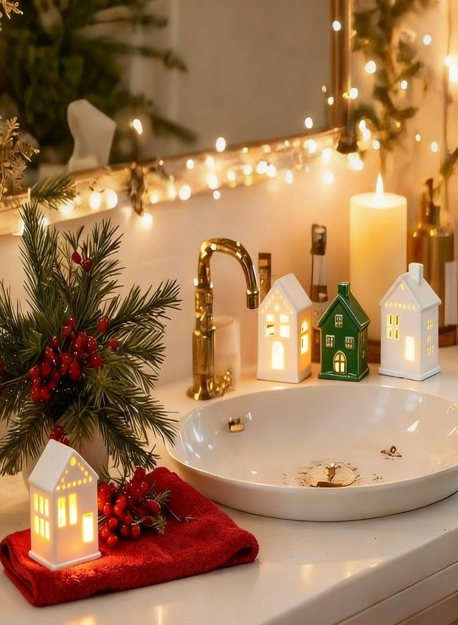 فيسيشي مجموعة من 6 قطع من بيوت قرية عيد الميلاد الخزفية المضيئة بتقنية LED، هدية مثالية للعطلات الشتوية، تماثيل مصغرة من البورسلين لتزيين سطح الطاولة أو رف الموقد (أخضر وأبيض). - Image 5