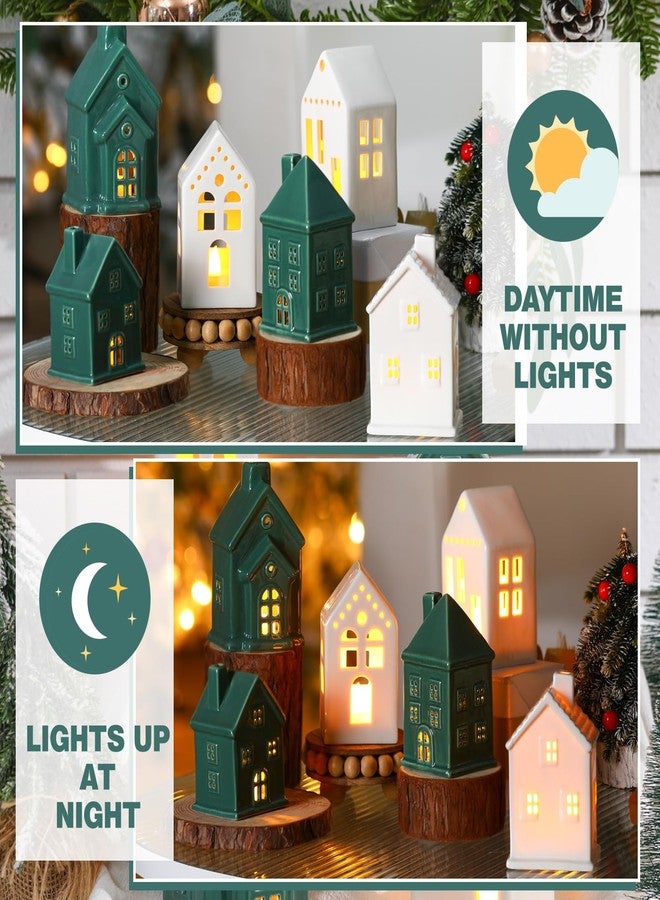 فيسيشي مجموعة من 6 قطع من بيوت قرية عيد الميلاد الخزفية المضيئة بتقنية LED، هدية مثالية للعطلات الشتوية، تماثيل مصغرة من البورسلين لتزيين سطح الطاولة أو رف الموقد (أخضر وأبيض). - Image 4