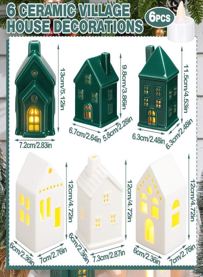 فيسيشي مجموعة من 6 قطع من بيوت قرية عيد الميلاد الخزفية المضيئة بتقنية LED، هدية مثالية للعطلات الشتوية، تماثيل مصغرة من البورسلين لتزيين سطح الطاولة أو رف الموقد (أخضر وأبيض). - Image 2