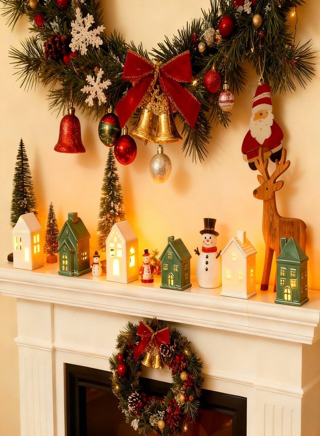 فيسيشي مجموعة من 6 قطع من بيوت قرية عيد الميلاد الخزفية المضيئة بتقنية LED، هدية مثالية للعطلات الشتوية، تماثيل مصغرة من البورسلين لتزيين سطح الطاولة أو رف الموقد (أخضر وأبيض). - Image 3