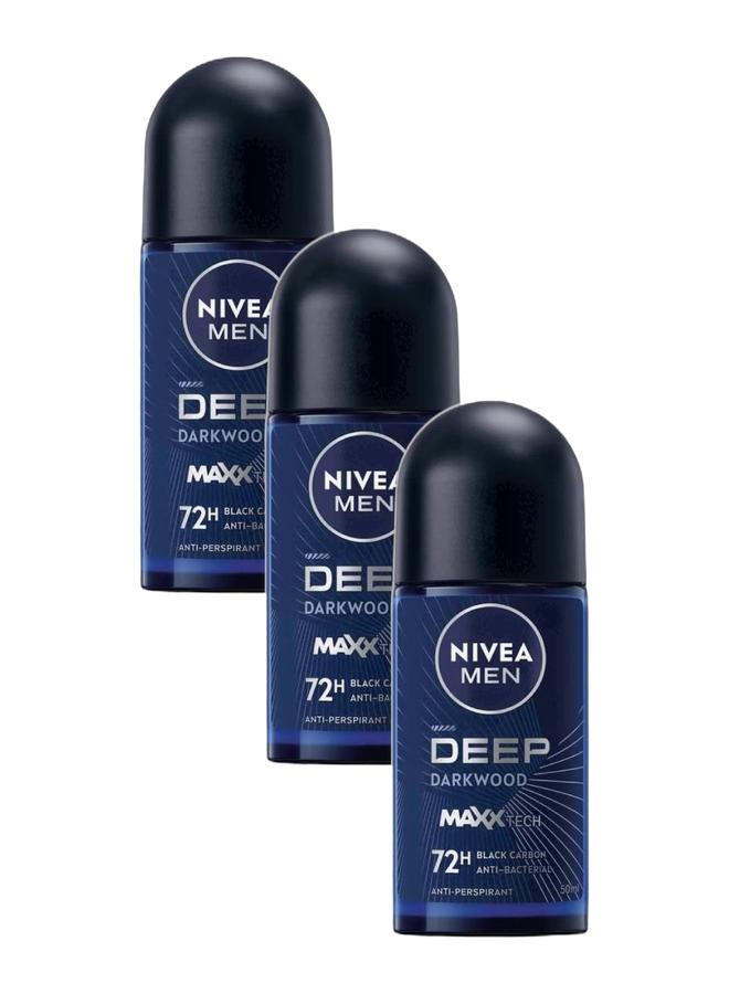 Nivea Men Deep Black Carbon Dark Wood Antiperspirant Antibacterial, Roll-On 50ml Pack of 3 - Image 1