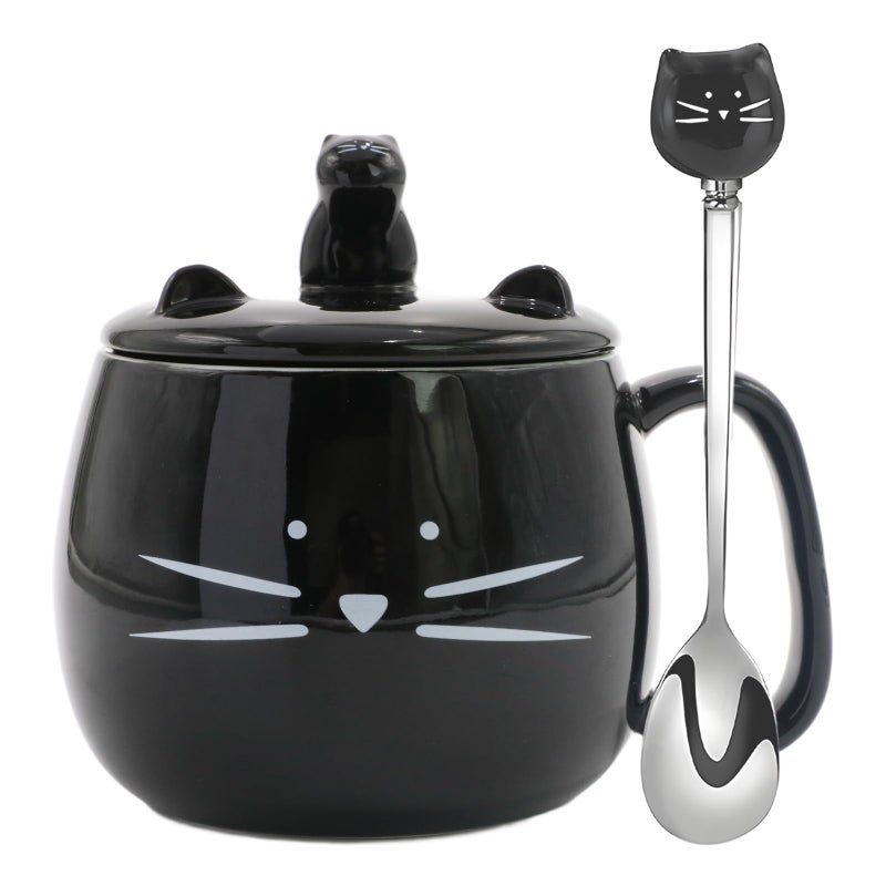 Koolkatkoo Ceramic Cat Mug - Black Ceramic Coffee Cup, Coffee Mug with Lid and Spoon, Cute Kitty Design with Phone Holder, Gifts for Women Cat Lovers - Image 1