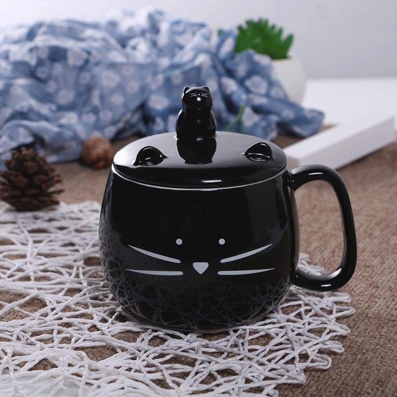 Koolkatkoo Ceramic Cat Mug - Black Ceramic Coffee Cup, Coffee Mug with Lid and Spoon, Cute Kitty Design with Phone Holder, Gifts for Women Cat Lovers - Image 4