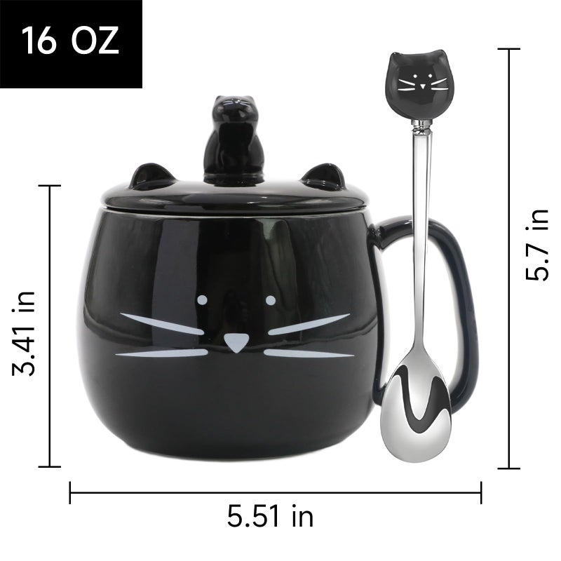 Koolkatkoo Ceramic Cat Mug - Black Ceramic Coffee Cup, Coffee Mug with Lid and Spoon, Cute Kitty Design with Phone Holder, Gifts for Women Cat Lovers - Image 3