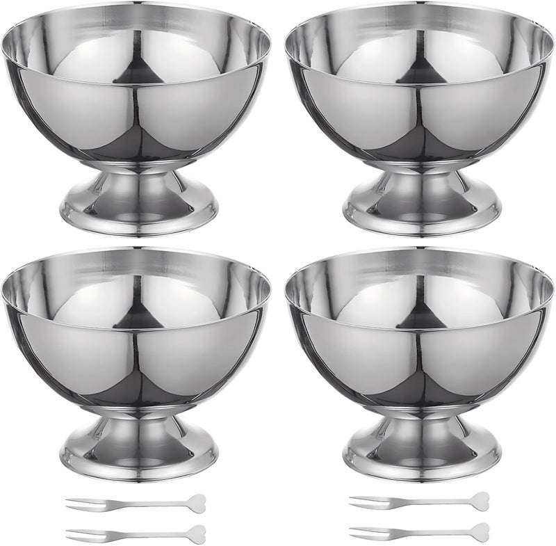 BOSREROY 4 Stainless Steel Ice Cream Bowls, 6.8 Oz Dessert Cups With Forks, 3.9 X 2.6 In, Perfect For Pudding & Fruit, Silver - Image 1