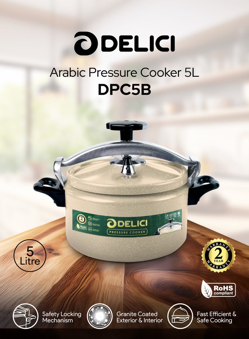 DELICI 5L Aluminum Arabic Pressure Cooker | Granite Coated | Safety Lock | Heat-Resistant Base | Long-Lasting Rubber Sealing | Durable Body & Lid | Perfect Heat Distribution | Ideal For Modern Middle East Kitchen | Beige | DPC 5B - Image 2