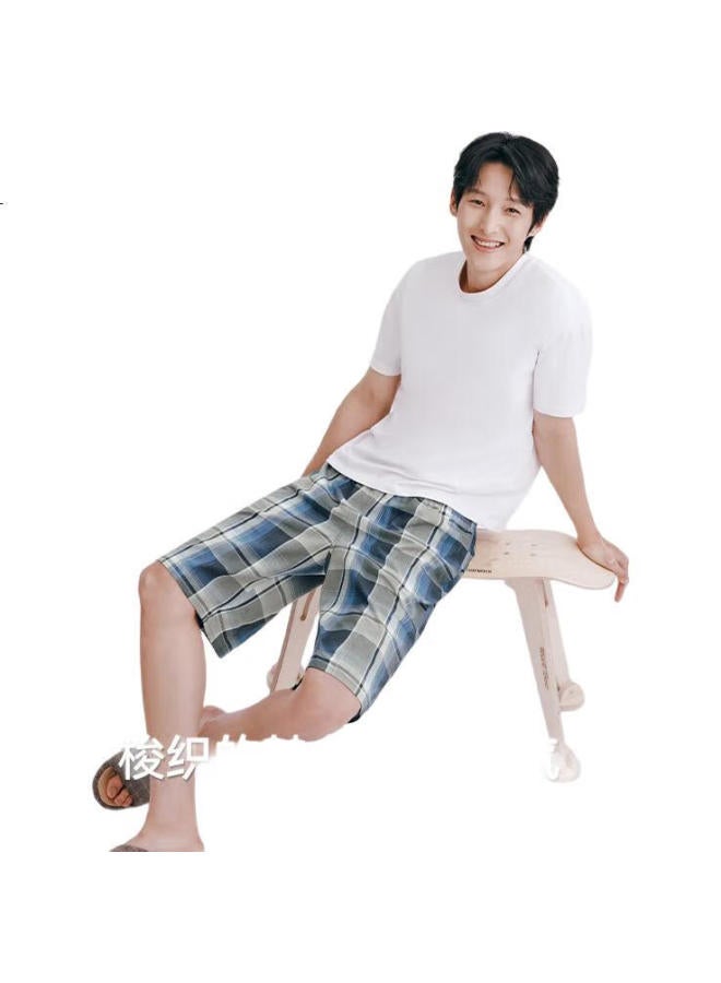 THREEGUN 100% Cotton Men'S Loose-Fit Cotton Shorts Classic Plaid Summer New Beach Pants Home Pants - Image 1