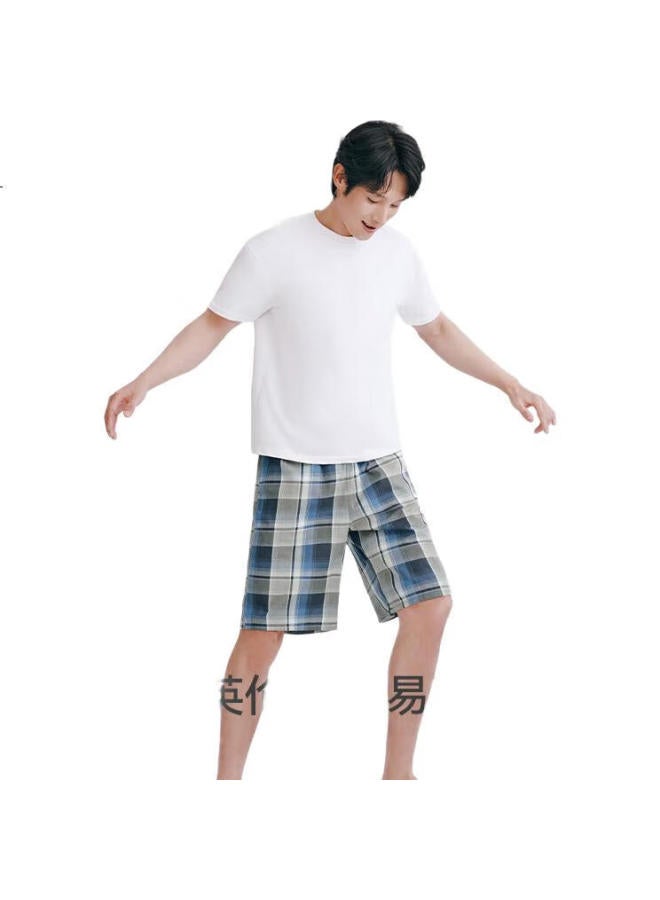 THREEGUN 100% Cotton Men'S Loose-Fit Cotton Shorts Classic Plaid Summer New Beach Pants Home Pants - Image 2