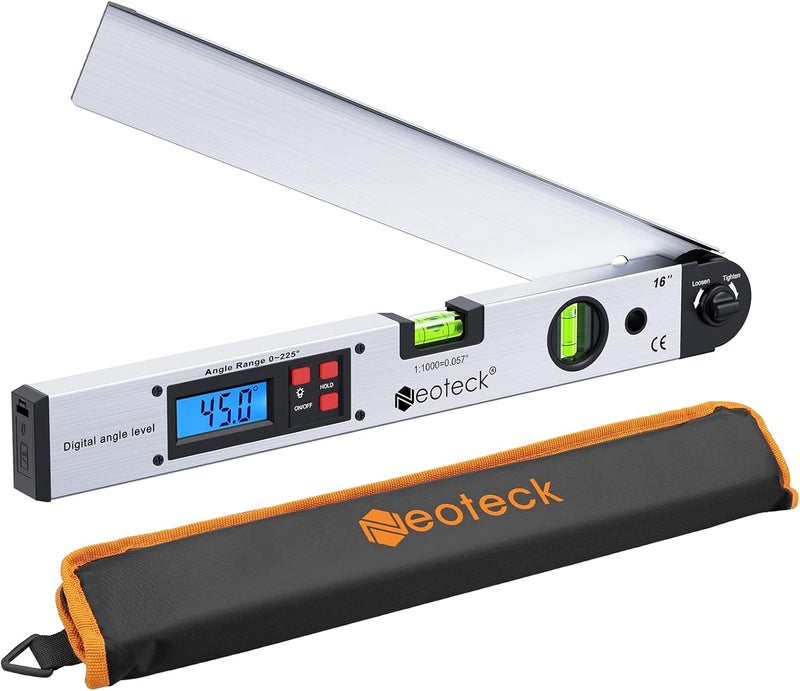 Neoteck مقياس الزاوية الرقمي المصنوع من الألمنيوم 225° 16 بوصة مع شاشة LCD مضاءة خلفيًا مع فقاعة أفقية ورأسية - فضي - Image 1