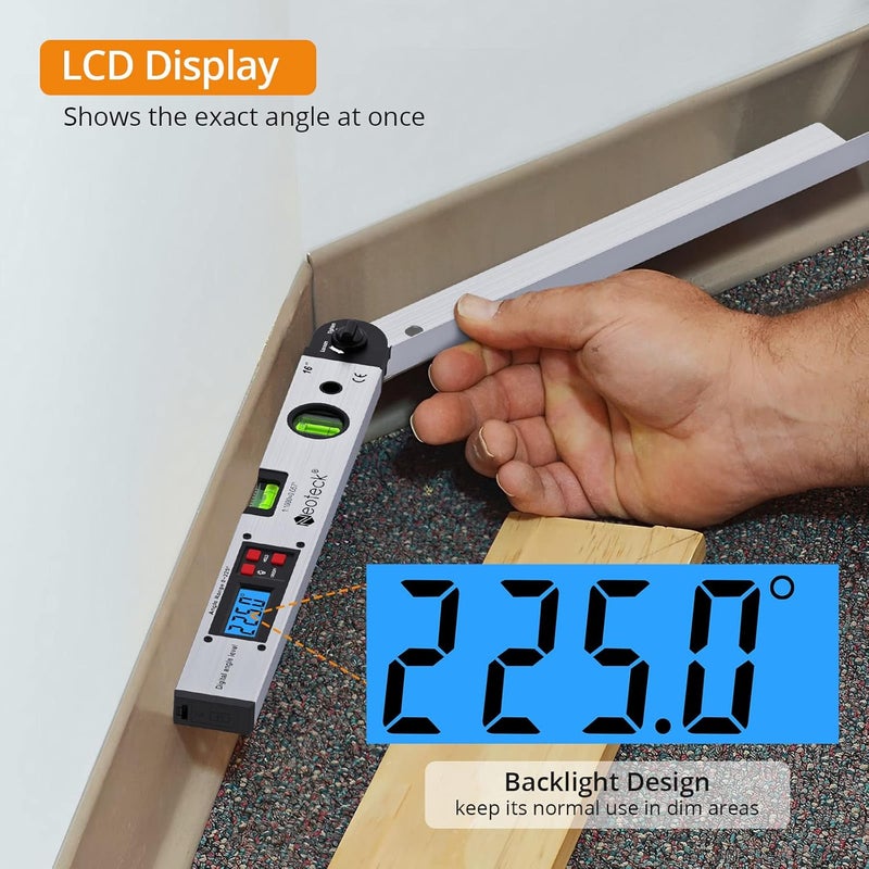 Neoteck مقياس الزاوية الرقمي المصنوع من الألمنيوم 225° 16 بوصة مع شاشة LCD مضاءة خلفيًا مع فقاعة أفقية ورأسية - فضي - Image 4