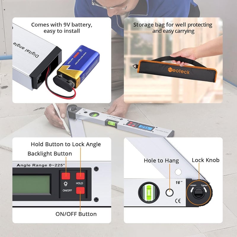 Neoteck مقياس الزاوية الرقمي المصنوع من الألمنيوم 225° 16 بوصة مع شاشة LCD مضاءة خلفيًا مع فقاعة أفقية ورأسية - فضي - Image 2