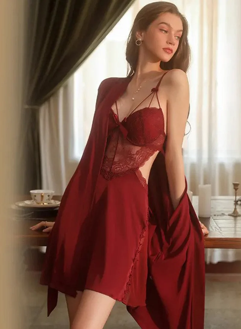 Caprisious Women's Silk Satin Nightgown Set - Elegant V-Neck, Lace Stripe Lingerie Sleepwear for Comfortable and Luxurious