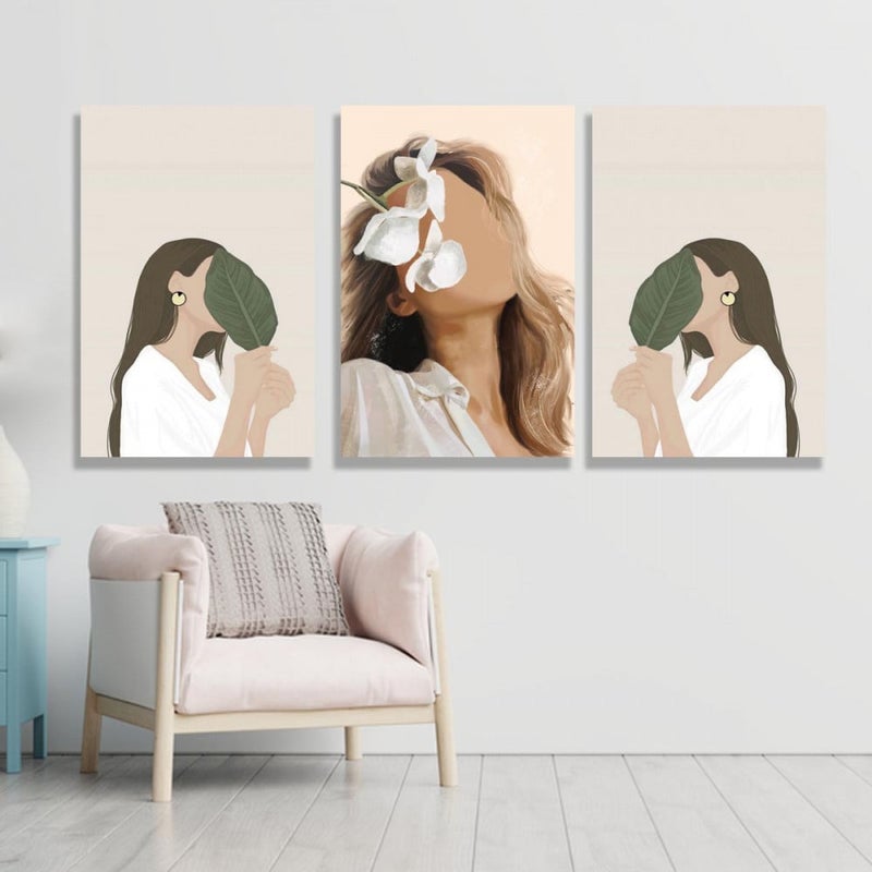 Marktna Three modern canvas paintings of a girl design with a hollow frame, measuring (150×70), three pieces - Image 1