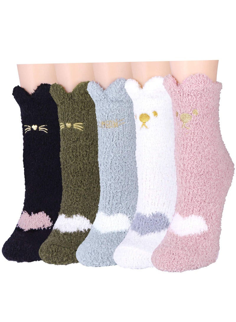 Suntown 5 Pairs Plush Slipper Socks Women Cat Paw Socks, Colorful Warm Fuzzy Crew Socks Cozy Soft for Winter Indoor - Image 1
