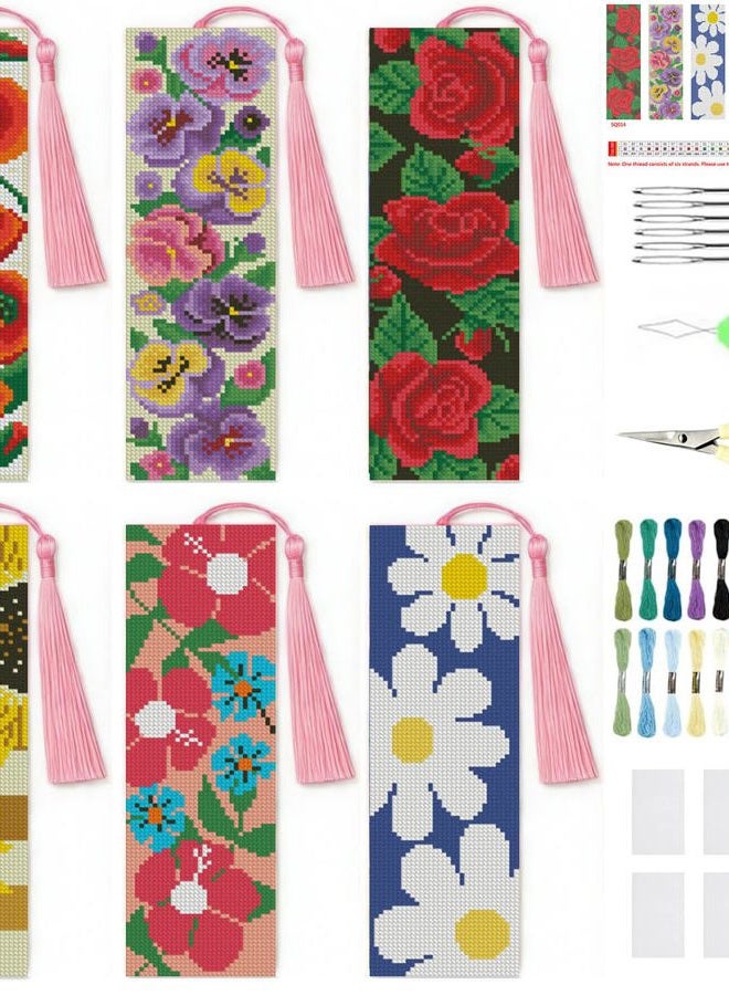 NEGEKFKX 6 Pcs Flower Cross Stitch Bookmark Kit for Adult Beginners,Flowers Cross Stitch Kits 14 CT DIY Crossstitch Kits Adult Stamped Bookmark Embroidery Bookmarks Kit - Image 1
